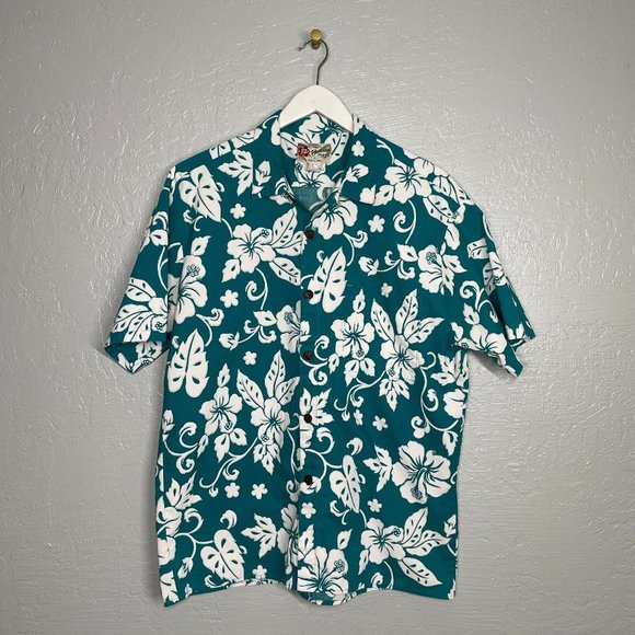Hilo Hattie Other - Hilo Hattie Men XL Teal Blue White Hawaiian Print Shirt Cotton Short Sleeve